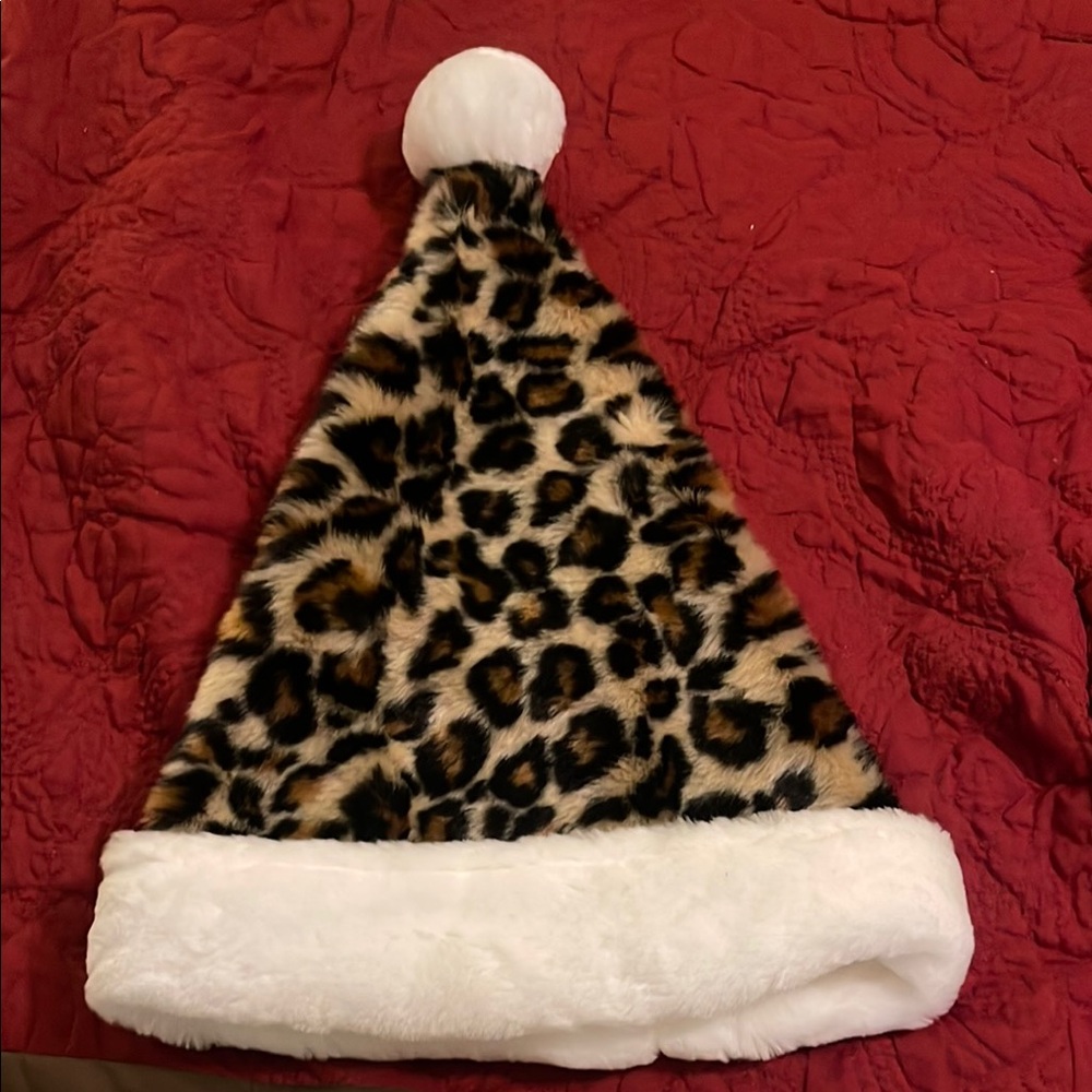 Santa Hat with Leopard Print Design and Fleece Trim